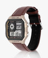 Retro Digital World Time Watch for Men | Brown Leather Strap | LED Display | Alarm, Stopwatch & Calendar