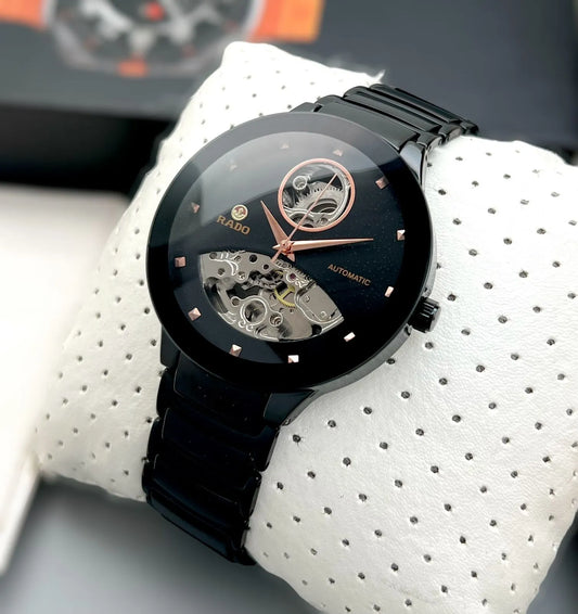 Luxury Black Skeleton Dial Analog Watch for Men | Premium Stainless Steel & ceramic stone Strap | Automatic Style Designer Wrist Watch